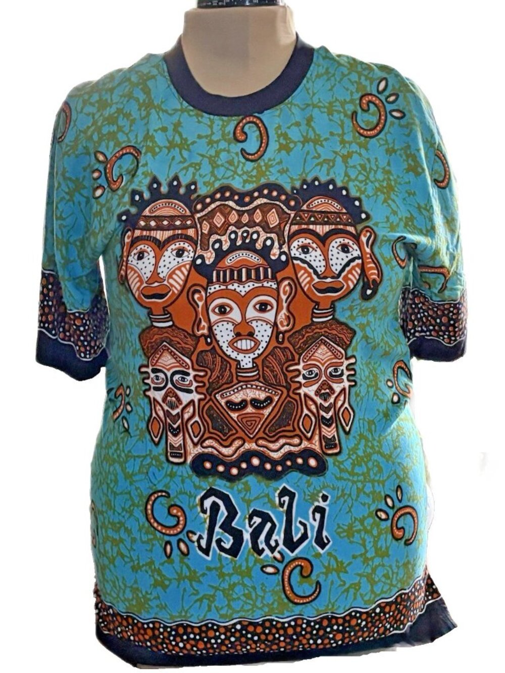 Kukuh Bali Souvenir Tribal Mask Shirt Men's Turquoise Batik Shirt Graphic M NWT